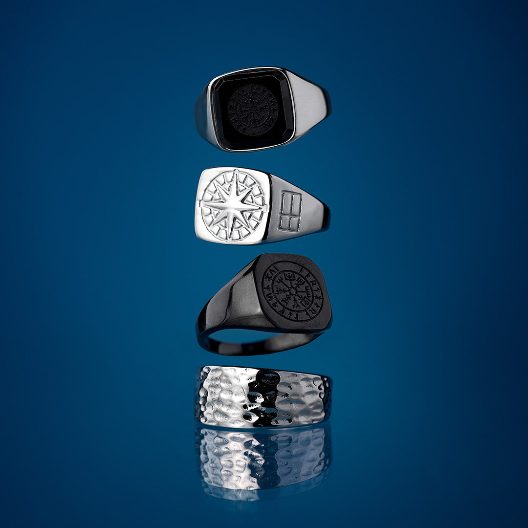 Black Onyx Vegvisir Signature - Sølvtonet ring