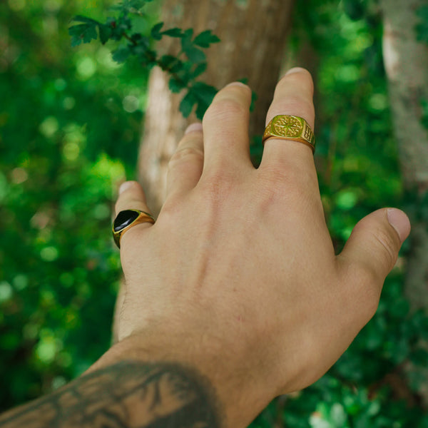 BLACK ONYX POLYGON SIGNET RING (GULD)